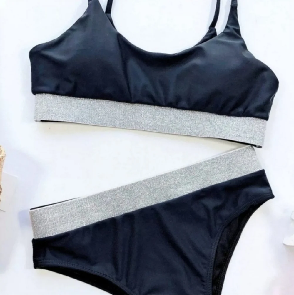 New Black Shimmering Bralette Top Bikini Set Swimsuit Size S